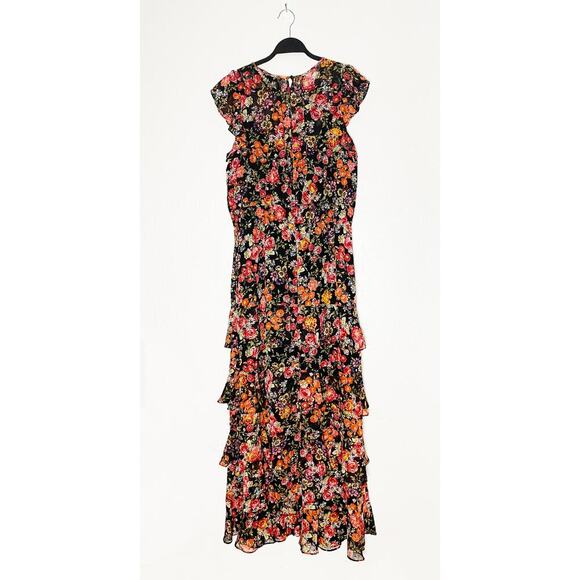 Rachel Roy Women's Issa Chiffon Black Floral Print Tiered Ruffle Maxi Dress 14 - Picture 4 of 13